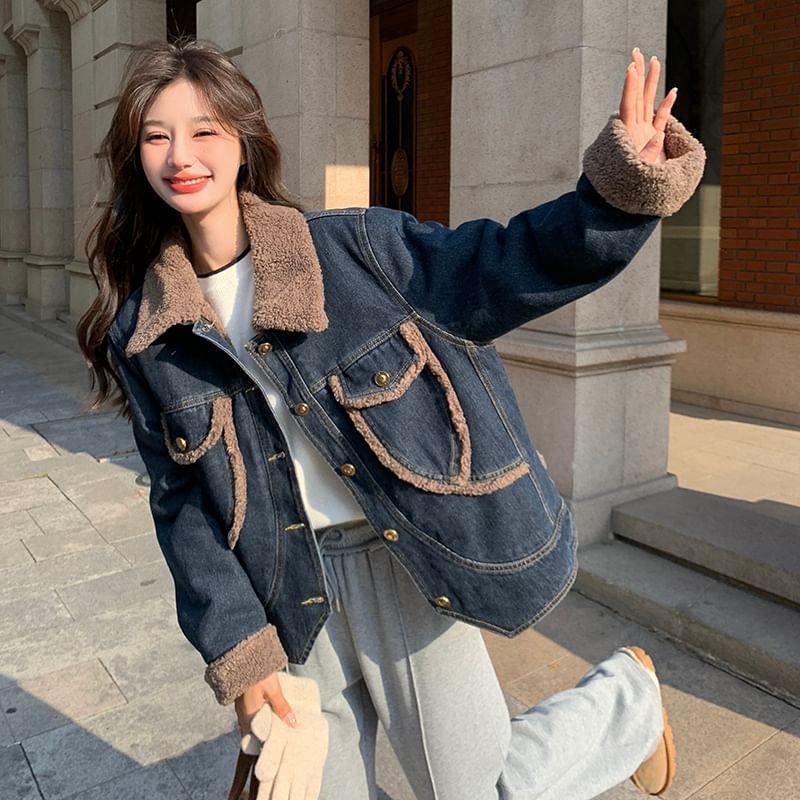 Fleece Collar Button-Up Denim Jacket Product Image