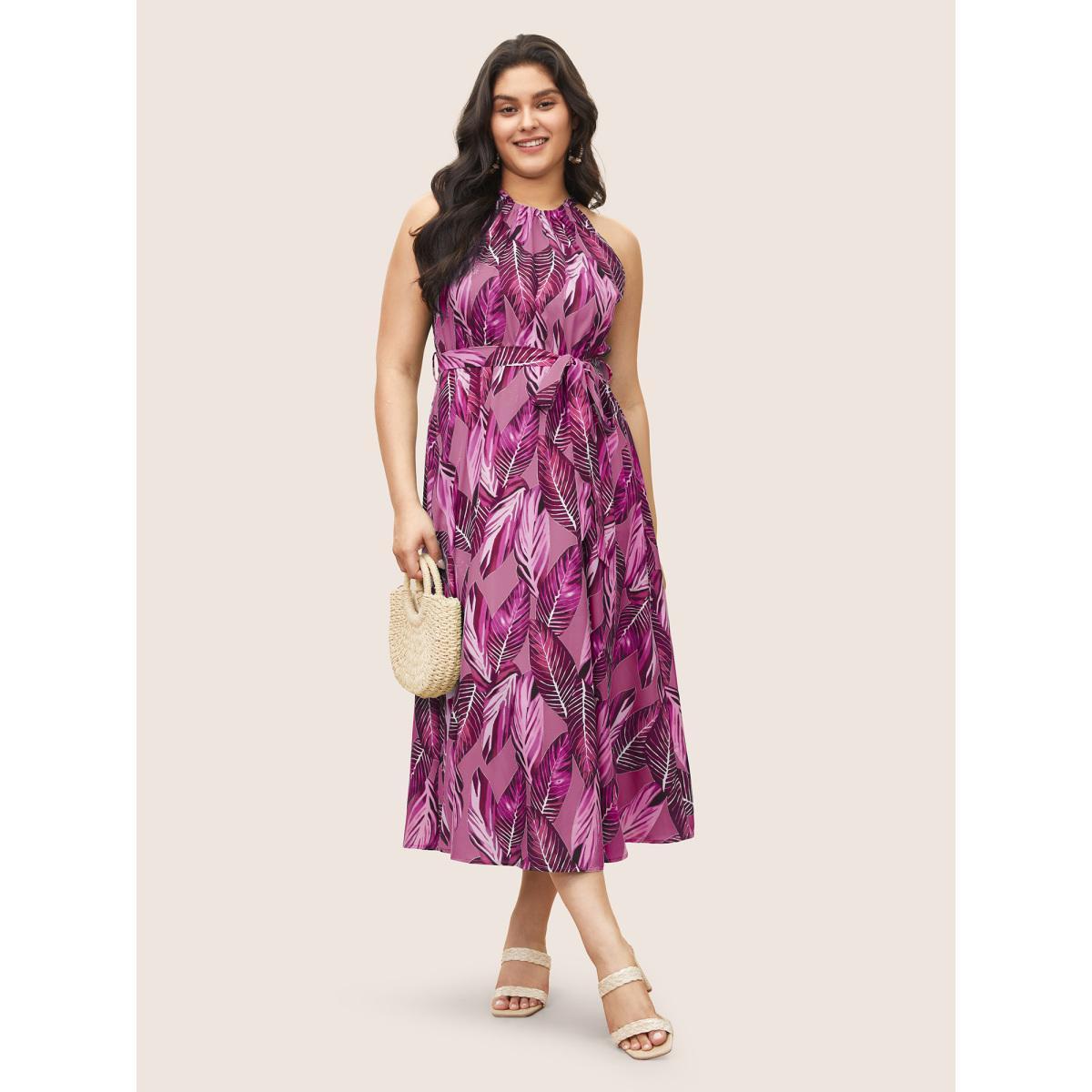 Plus Size Tropical Print Knotted Pocket Ruffles Belted Halter Dress Mediumblue Women Resort Non Halter neck Sleeveless Curvy Midi Dress BloomChic 26/4X Product Image