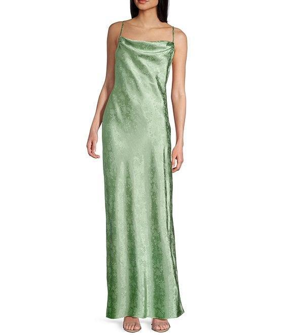 B. Darlin Floral Satin Jacquard Cowl Neck Spaghetti Strap Crisscross Back A-Line Dress Product Image