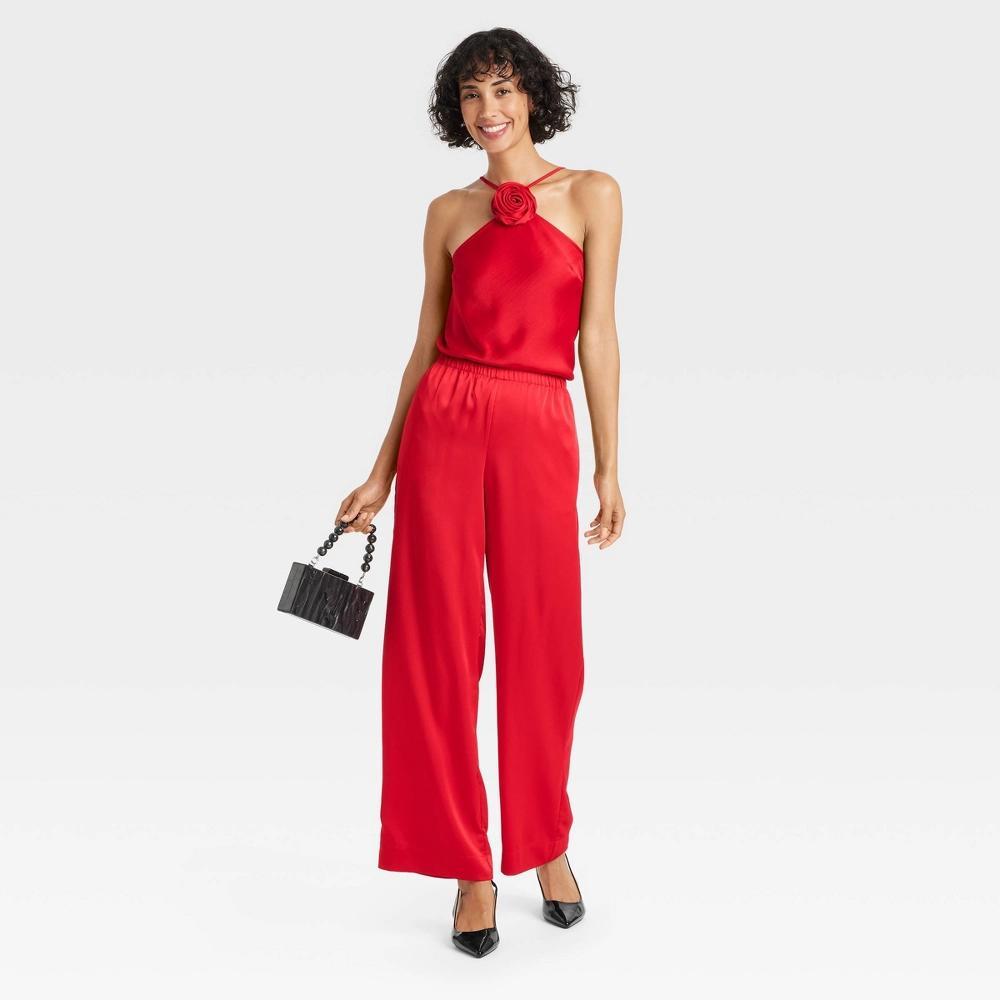 Womens Mid-Rise Straight Leg Satin Pull-On Pants - A New Day Red XL Product Image