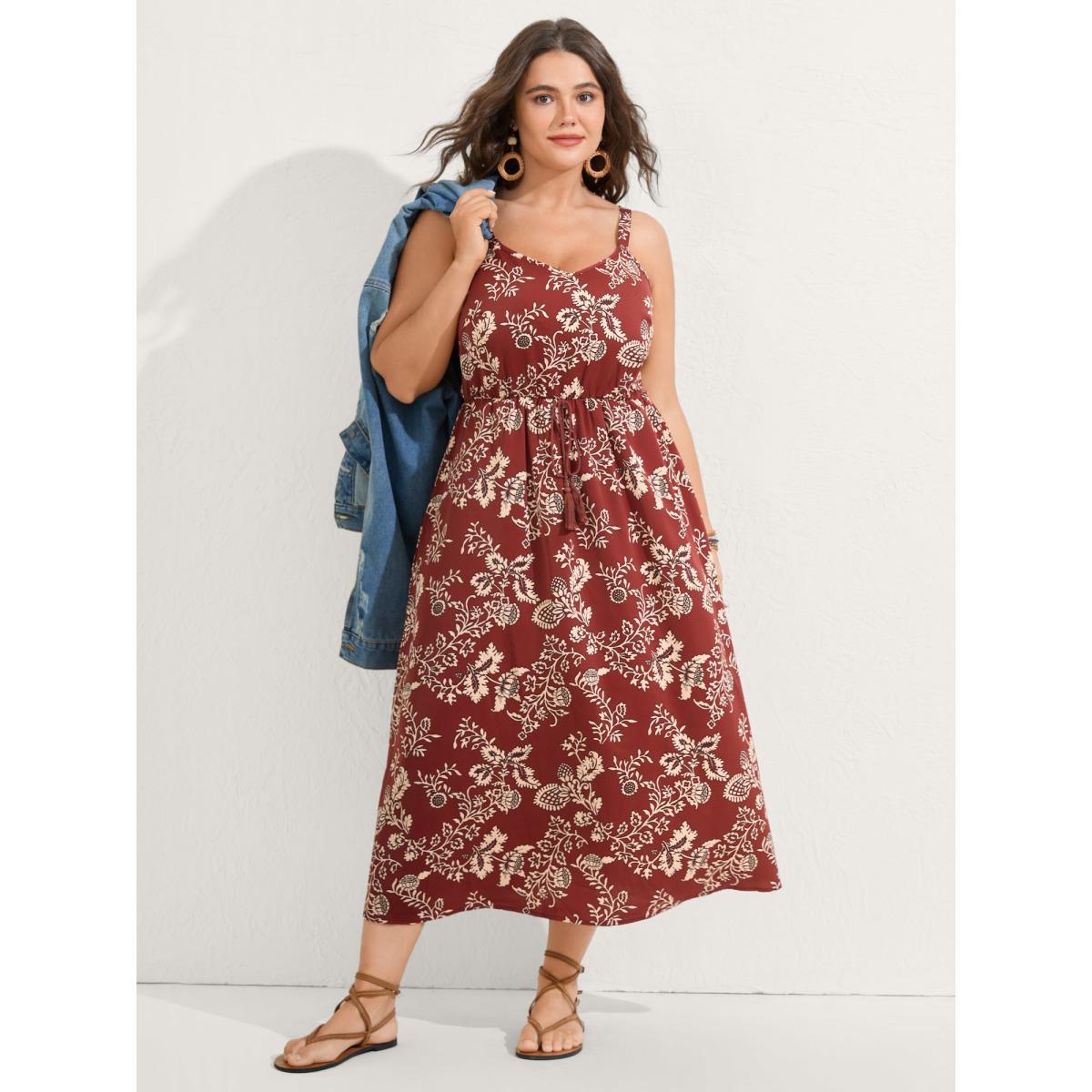 Plus Size Floral Waist-Tie Pockets Midi Dress Rust Women Heart neckline Sleeveless Curvy BloomChic 12/L Product Image