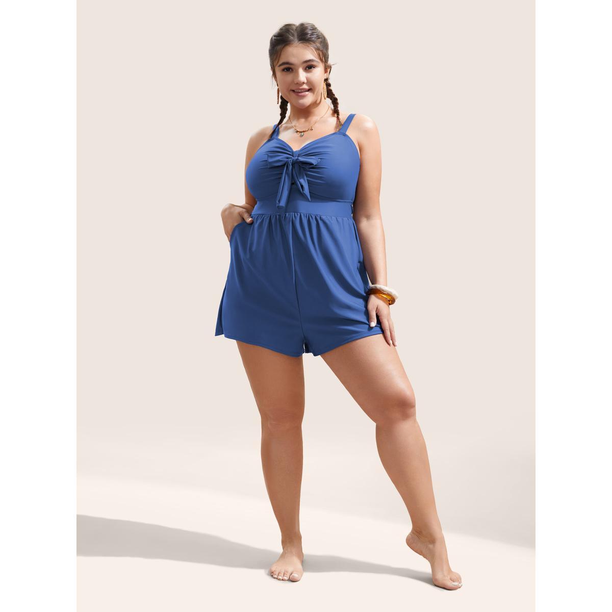 Plus Size Plain Bowknot Pocket Gathered One Piece Swimsuit Women's Swimwear Mediumblue Beach Non Curve Bathing Suits High stretch One Pieces BloomChic 28/5X Product Image