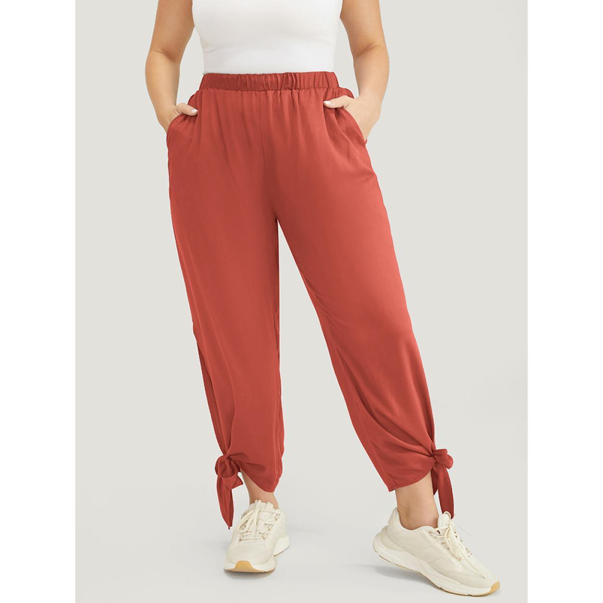 Plus Size Solid Knotted Split Hem Pocket Pants Women Rust Casual Loose High Rise Dailywear Pants BloomChic 30/6X Product Image