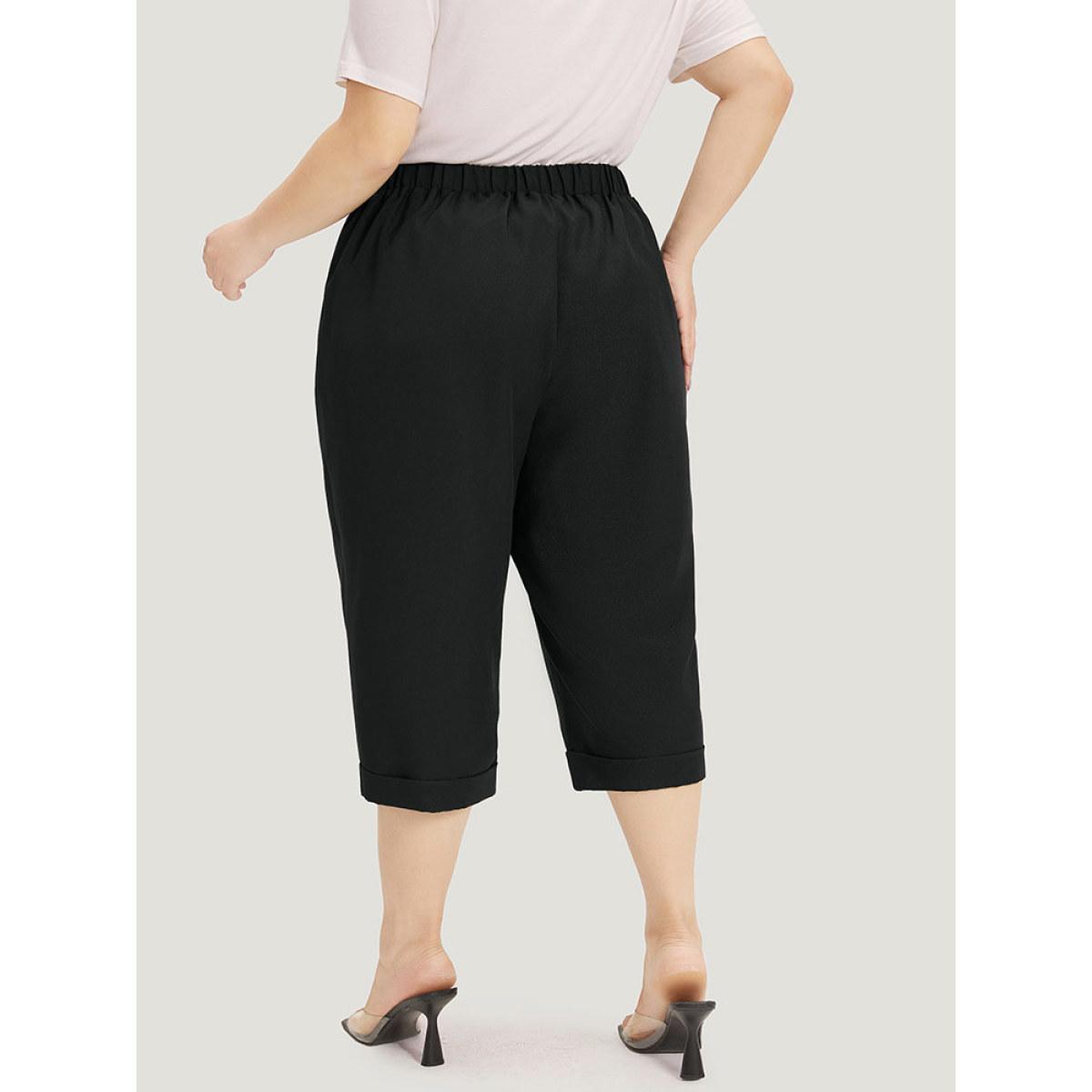 Plus Size Plain Pocket Elastic Waist Pleated Cropped Pants Women Black Office Straight Leg High Rise Work Pants BloomChic 30/6X Product Image