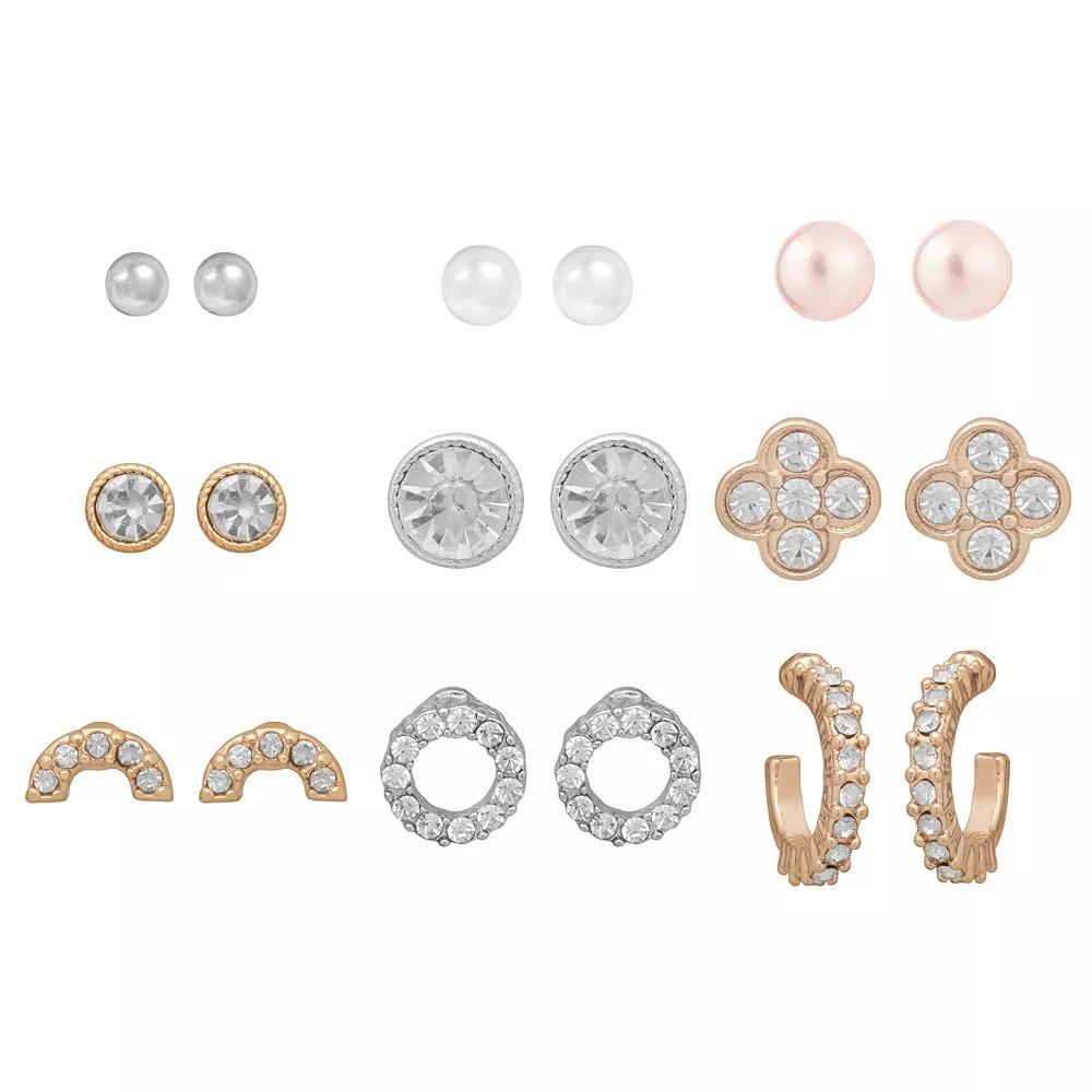 LC Lauren Conrad Tri-Tone Crystal & Simulated Pearl Pave Earrings 9-pack Set, Women's, Clear Product Image