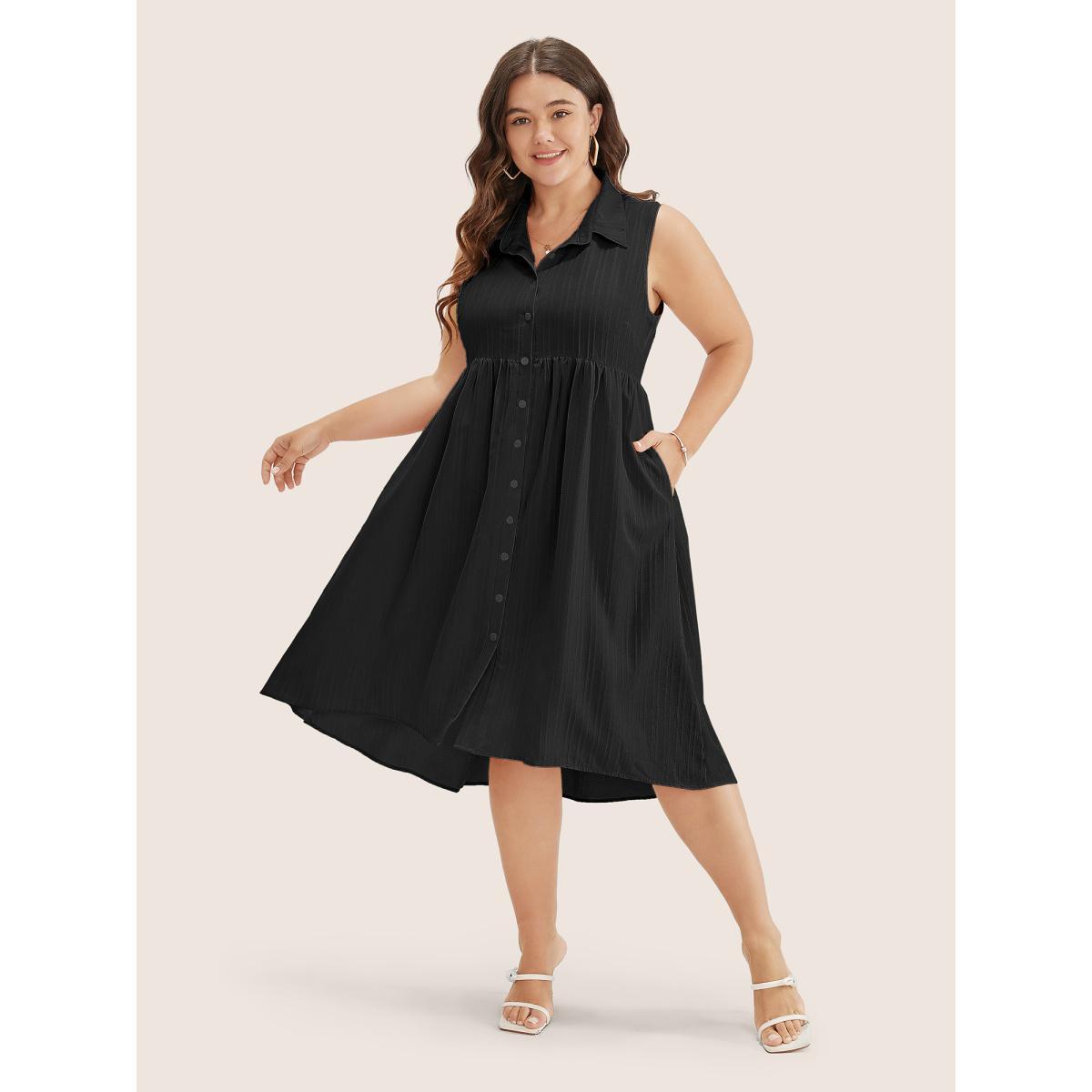 Plus Size Solid Shirt Collar Ruffle Pocket High Low Hem Button Up Dress Black Women At the Office Non Polo Sleeveless Curvy Midi Dress BloomChic 10/M Product Image