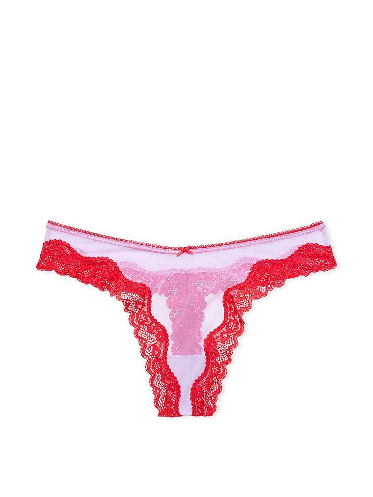 Tease Mesh Lace-Trim High-Leg Thong Panty Product Image