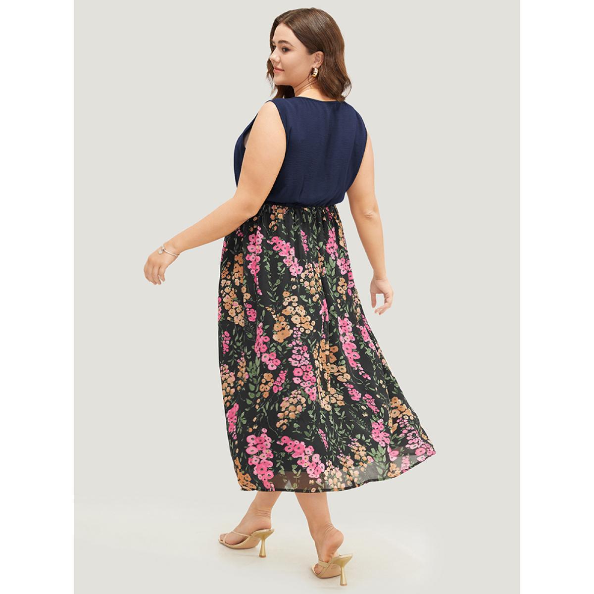 Plus Size Floral Patchwork Pocket Flutter Hem Wrap Tank Dress DarkBlue Women Vacation Wrap V-neck Sleeveless Curvy Midi Dress BloomChic 22-24/3X Product Image