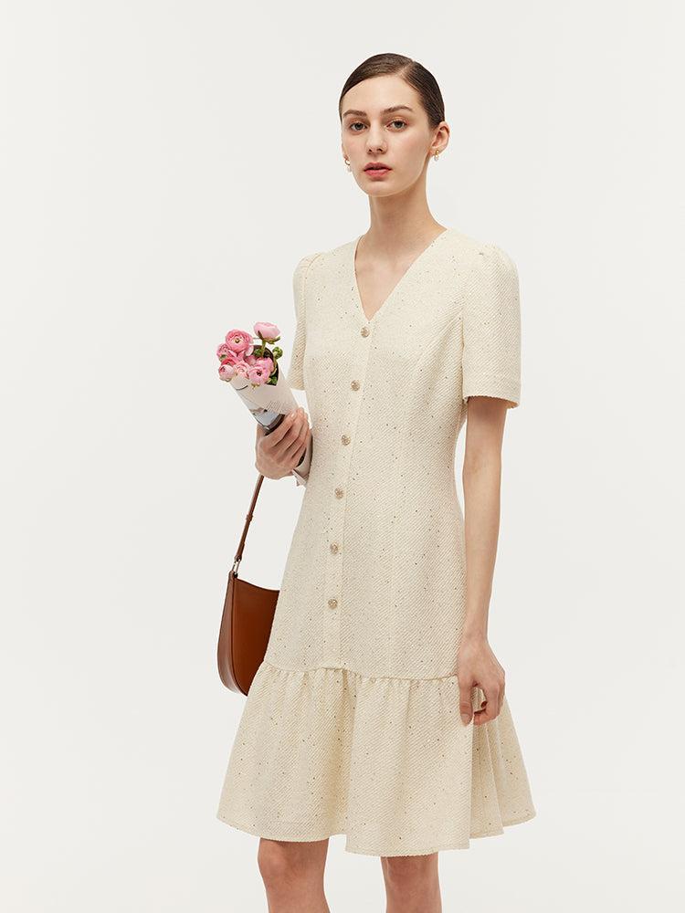 Tweed Sequins V-Neck Ruffle Hem Women Mini Dress Product Image