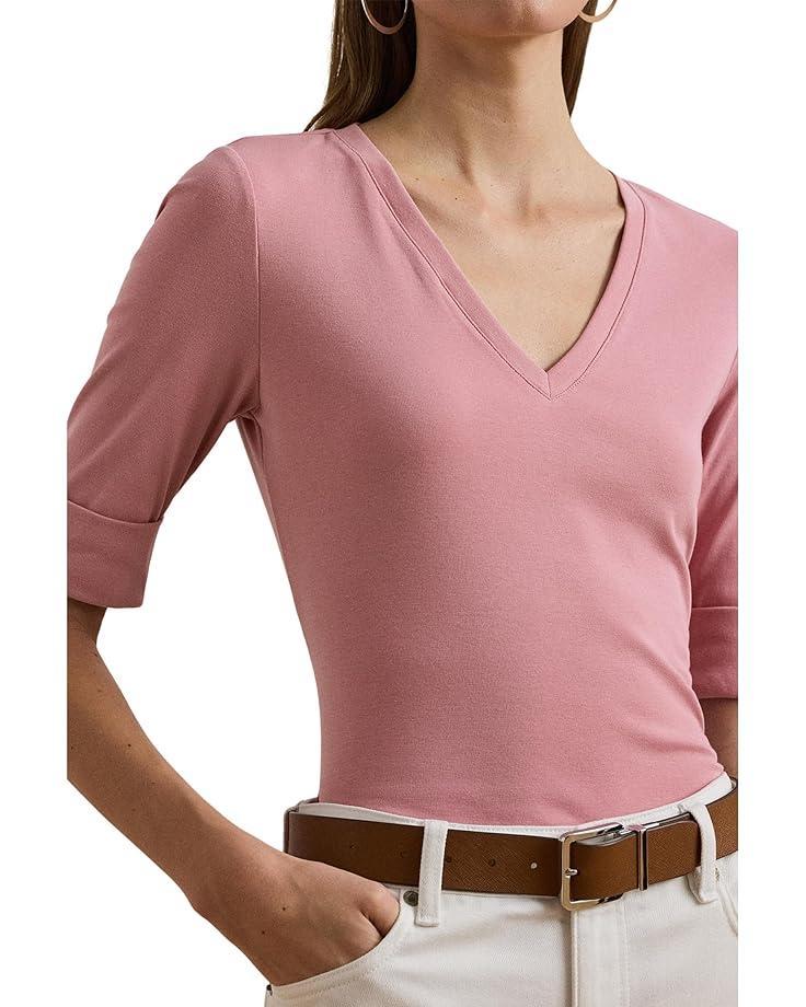 Women's Lauren Ralph Lauren Stretch Cotton Elbow-Sleeve V-Neck Tee Product Image