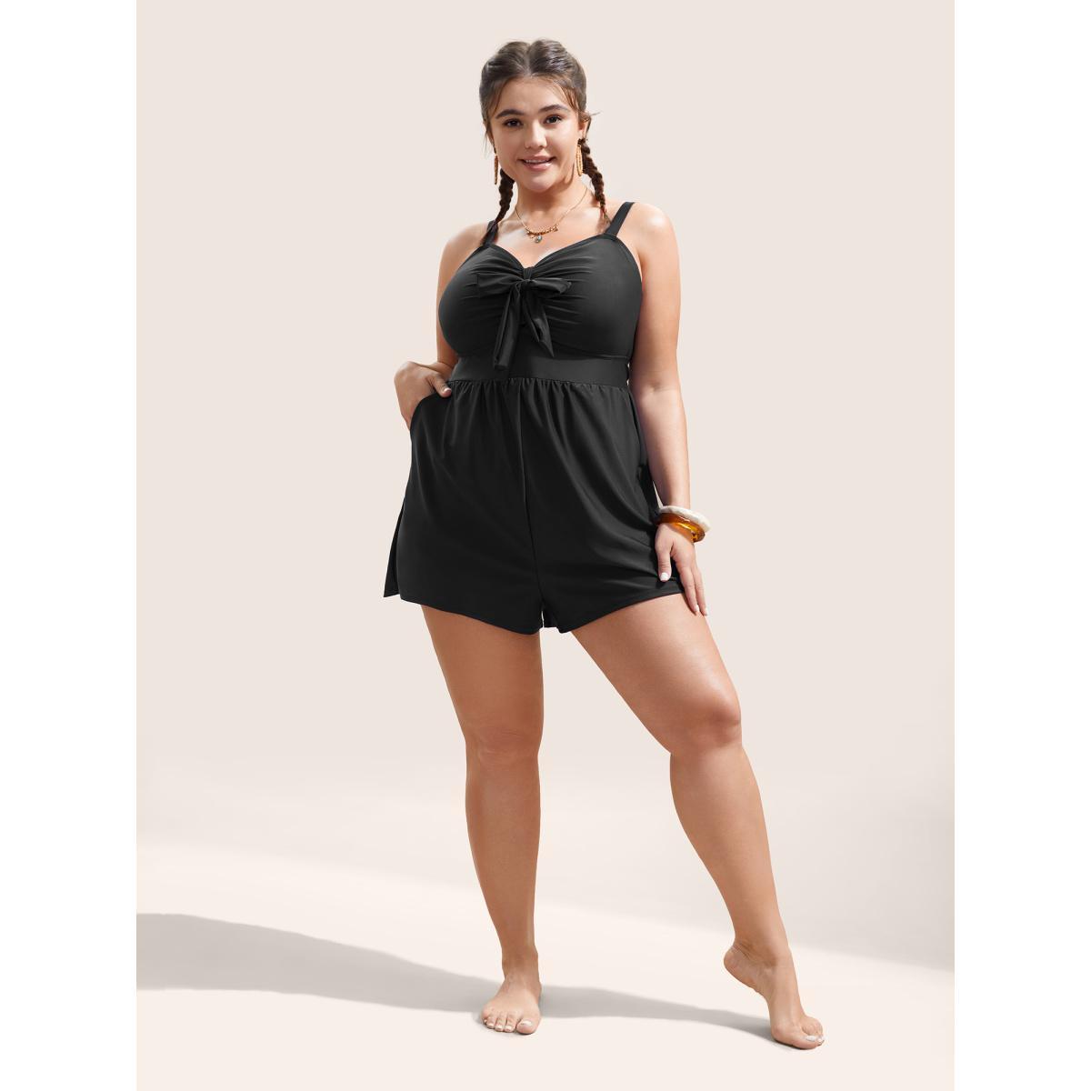 Plus Size Plain Bowknot Pocket Gathered One Piece Swimsuit Women's Swimwear Black Beach Non Curve Bathing Suits High stretch One Pieces BloomChic 26/4X Product Image