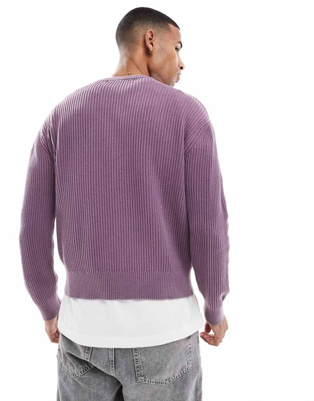 Bershka washed ribbed sweater with graphic in purple Product Image