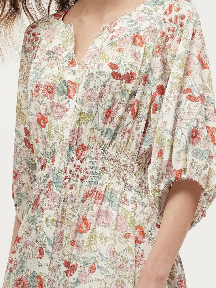 19 Momme Mulberry Silk Floral Print Ruched Waist Women Maxi Dress Product Image