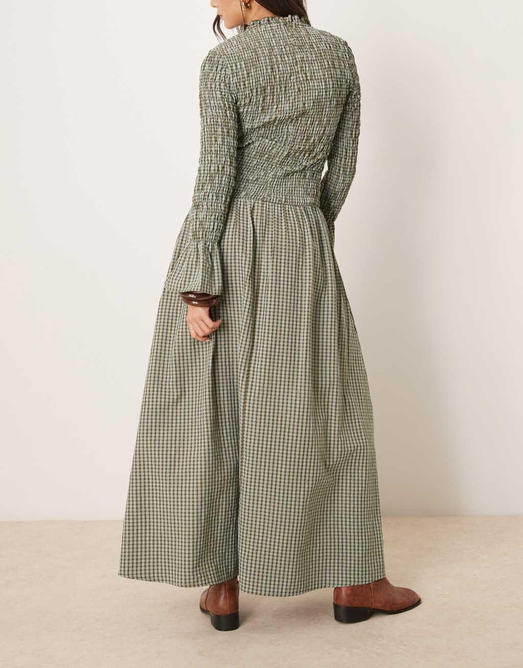 Glamorous long sleeve shirred maxi dress in green and blue check Product Image