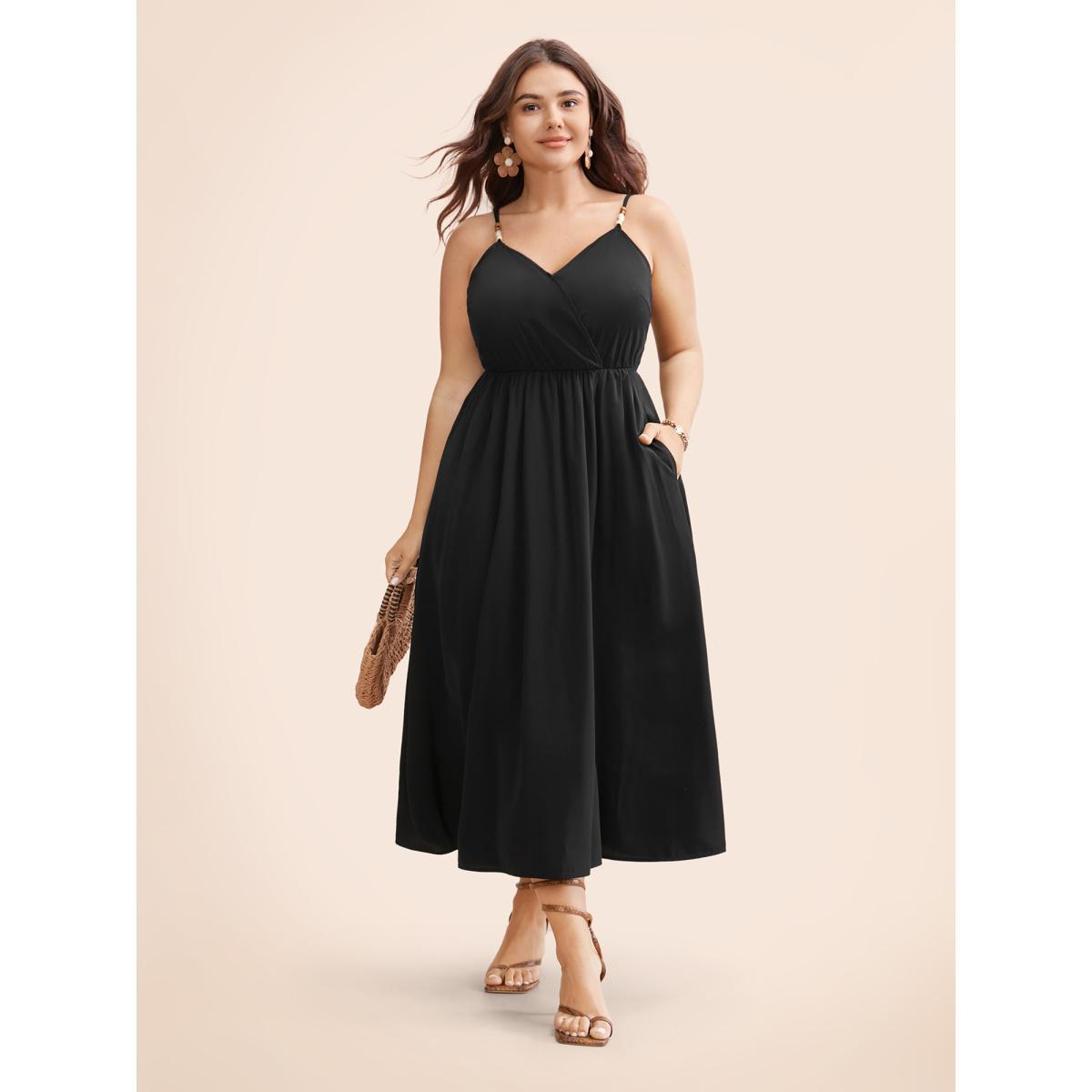 Plus Size Bead Detail Overlap Collar Cami Dress Black Women Resort Gathered Overlap Collar Sleeveless Curvy BloomChic 14-16/1X Product Image