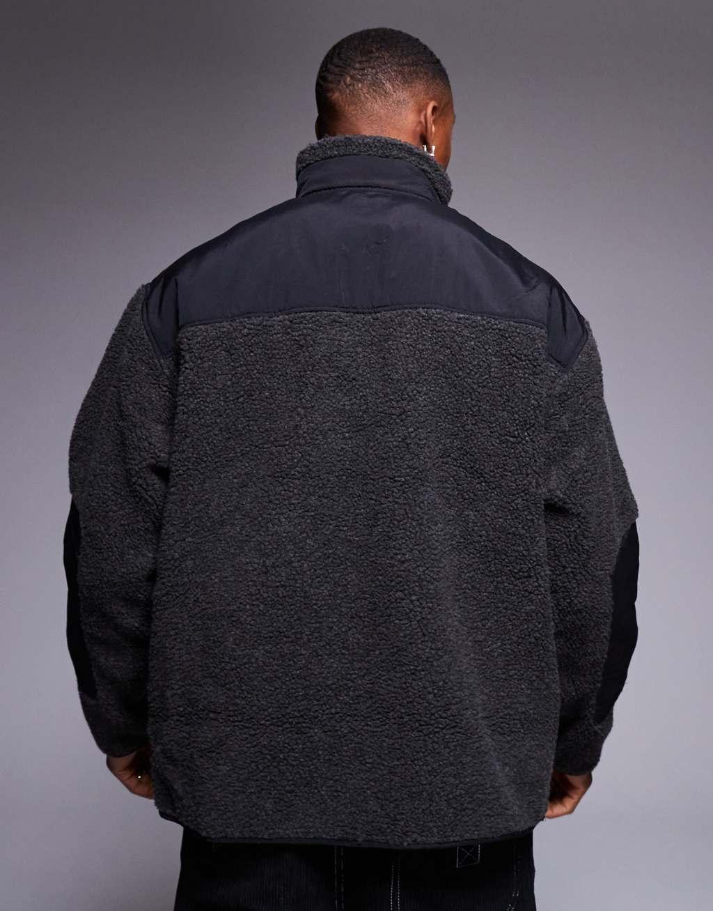 ASOS DESIGN oversized borg half zip sweatshirt with contrast nylon detail in black Product Image