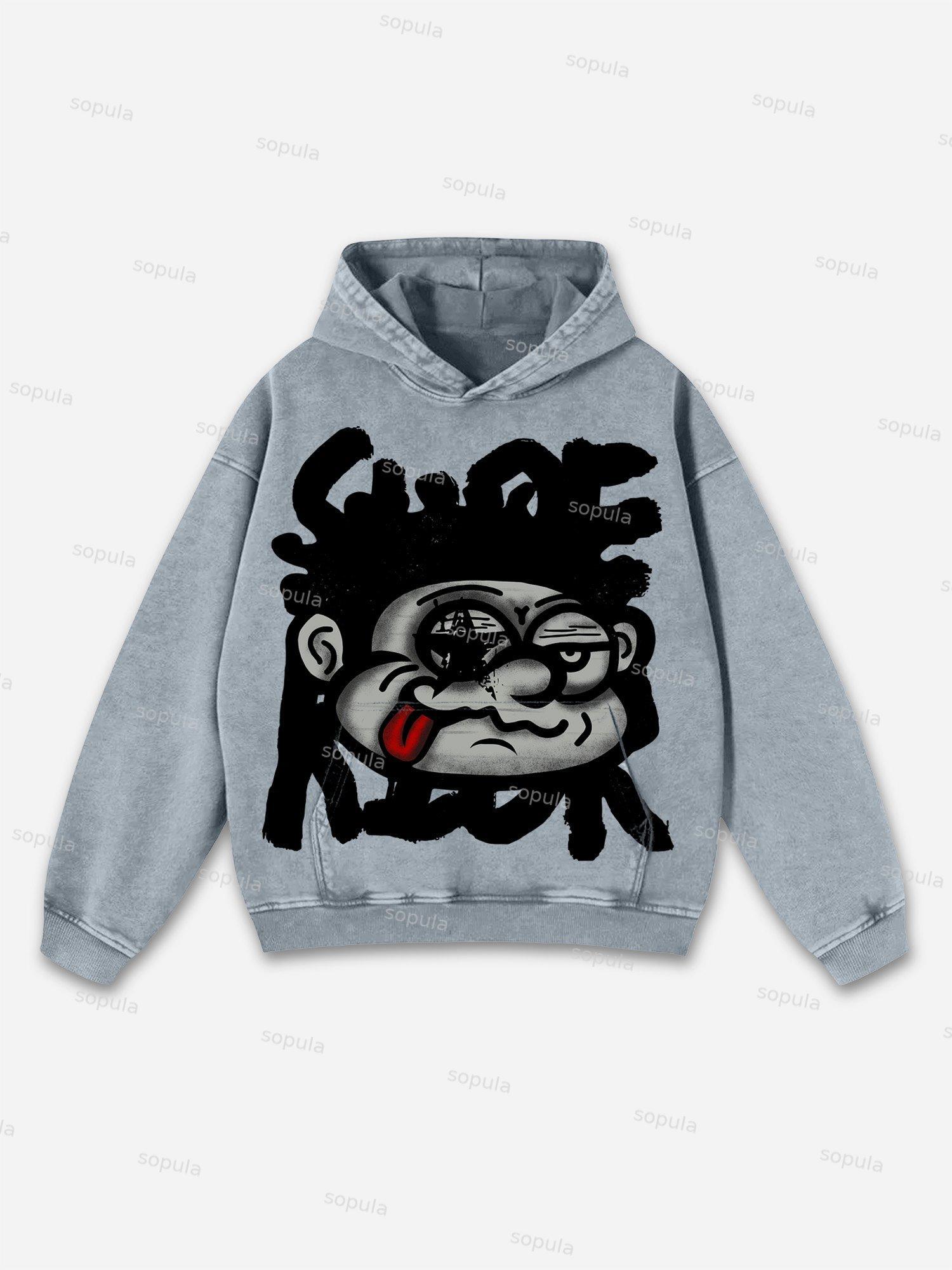 Sopula Vintage Big Face Graphic Print Washed Hoodie Product Image
