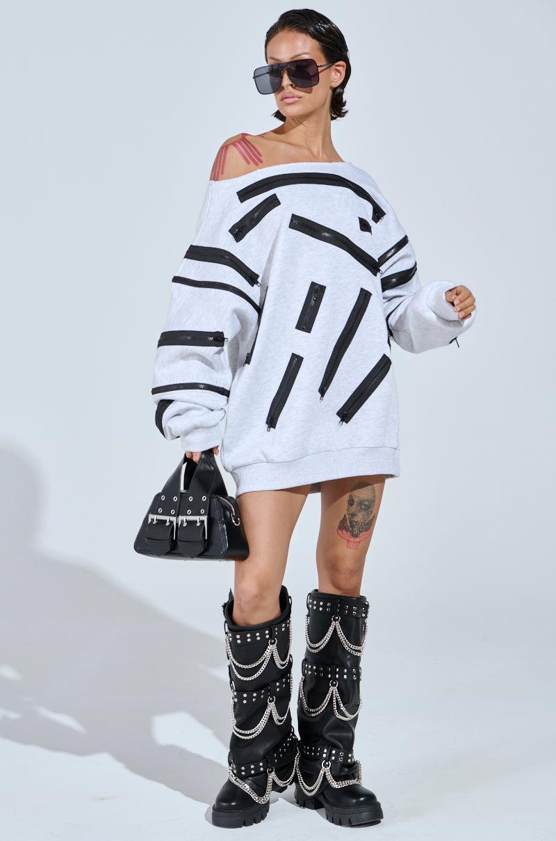 ZIP ZAP OFF THE SHOULDER SWEATSHIRT DRESS-GREY MULTI Product Image