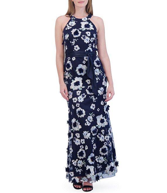 Eliza J 3D Floral Embroidered Mesh Fabrication Halter Neck Sleeveless Tie Front Gown Product Image
