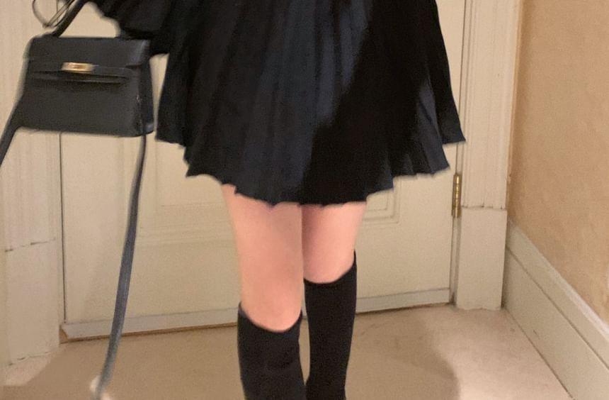 Long-Sleeve Crew Neck Plain Cutout Pleated Mini A-Line Knit Dress Product Image