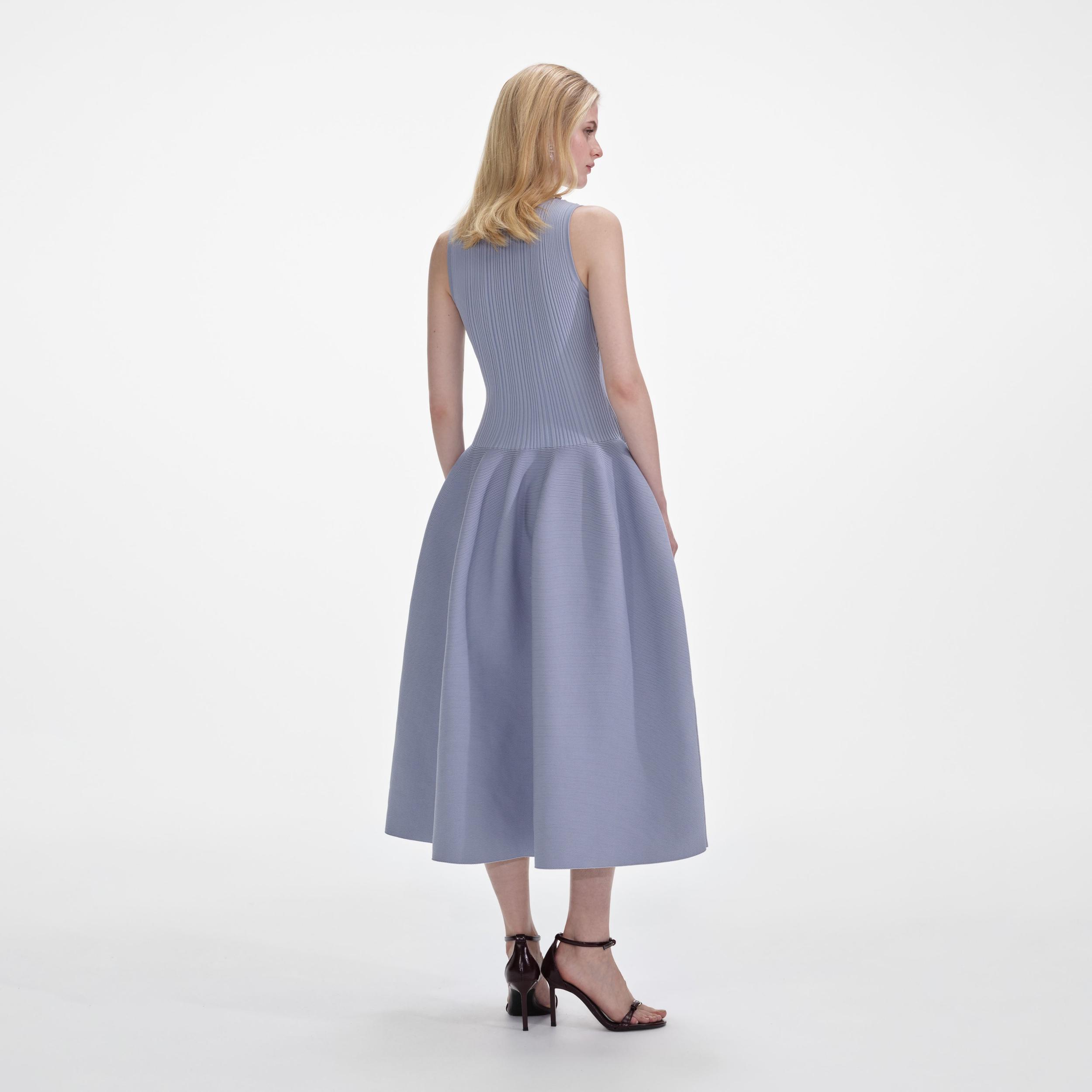 Blue Ribbed Knit Diamante Midi Dress Product Image