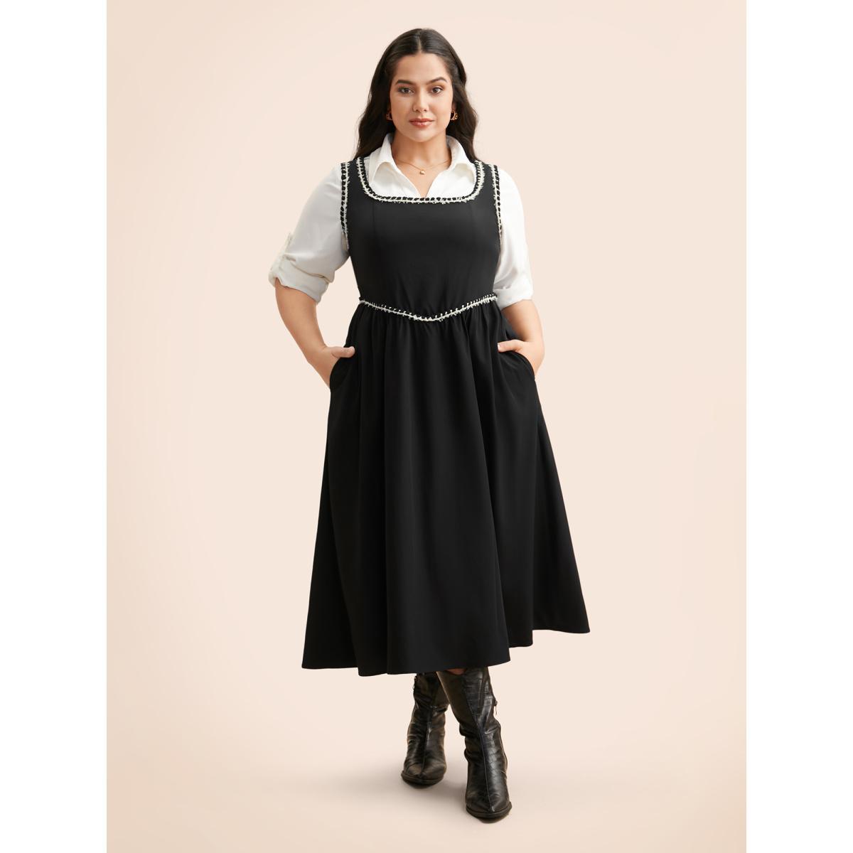 Plus Size Square Neck Contrast Webbing Dress Black Women Elegant Woven ribbon&lace trim Square Neck Sleeveless Curvy BloomChic 26/4X Product Image