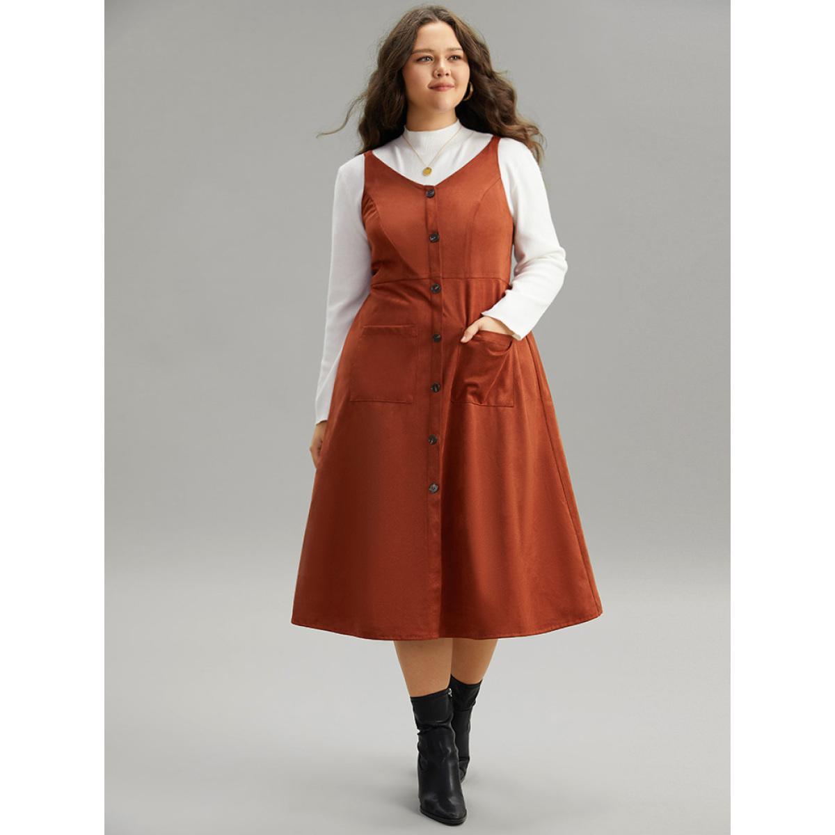 Plus Size Faux Suede Button Detail Patched Pocket Cami Dress Rust Women Elegant Adjustable Straps Spaghetti Strap Sleeveless Curvy Midi Dress BloomChic 14-16/1X Product Image