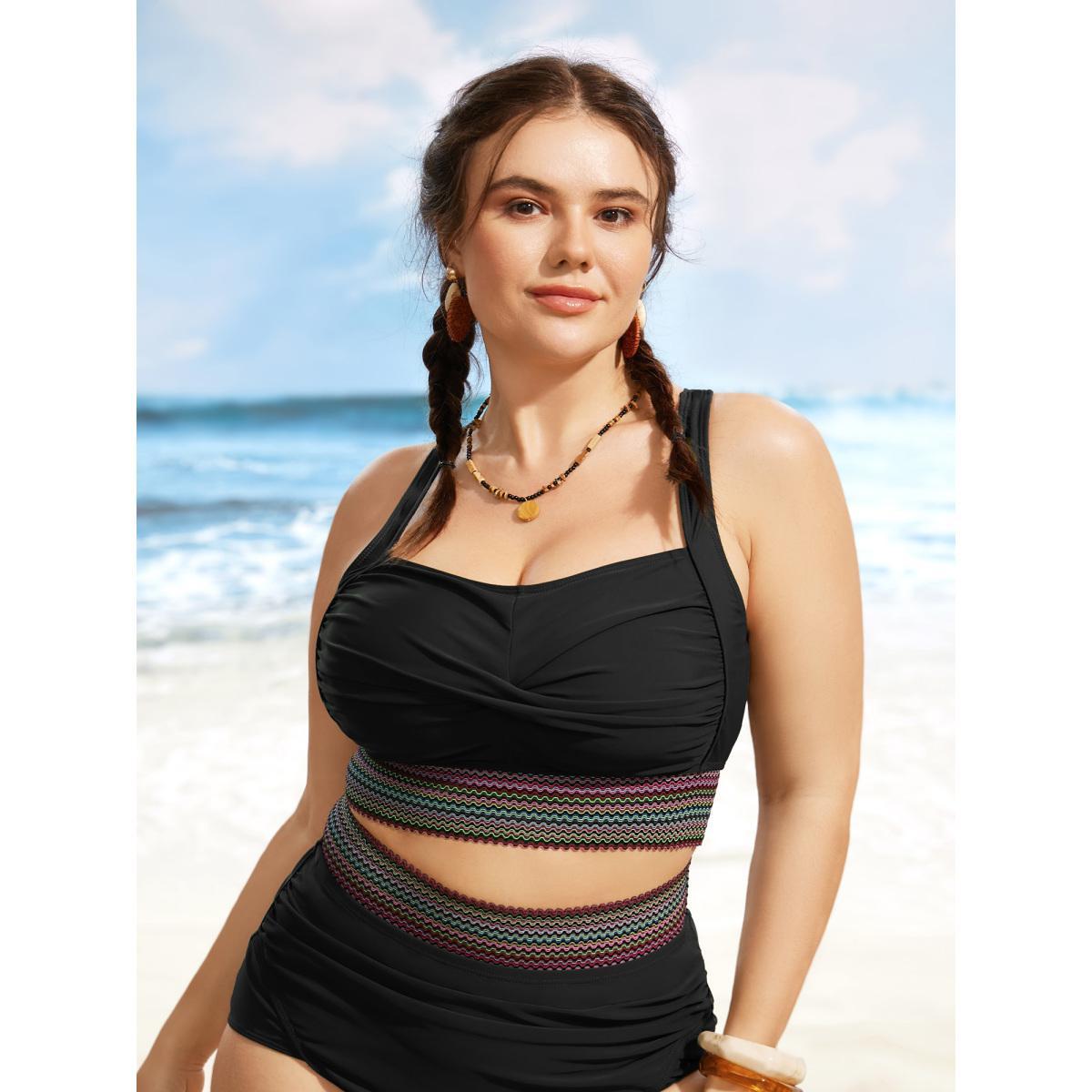 Plus Size Twist Front Patchwork Woven Ribbon Swim Top Women's Swimwear Black Beach Woven ribbon&lace trim High stretch Skinny Heart neckline Curve Swim Tops BloomChic 28/5X Product Image