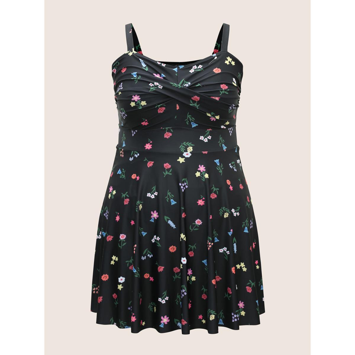 Plus Size Heart Neckline Floral Twist Front Swim Dress Women's Swimwear Black Beach Bodycon Heart neckline High stretch Curve Swim Dresses BloomChic 18-20/2X Product Image