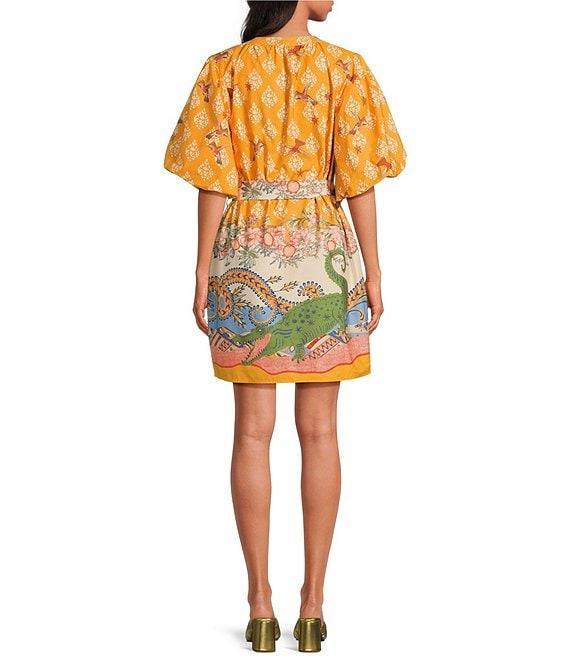 A Loves A Border Print Mandarin Collar Short Bubble Sleeve Button Front Tie At Waist Sheath Mini Dress Product Image