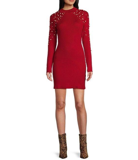 I.N. San Francisco Long Sleeve Pearl-Beaded Bodycon Sweater Dress Product Image