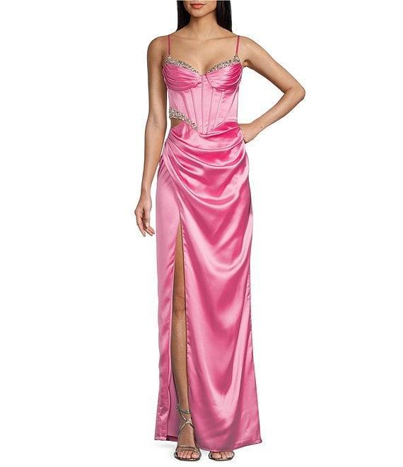 GB Satin Cutout Bejeweled Dress Product Image