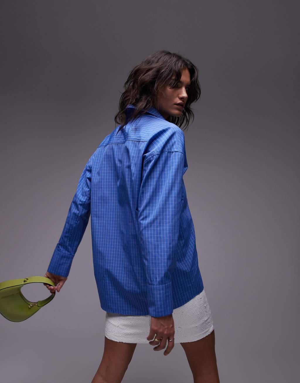 Topshop micro check oversize shirt in rich blue Product Image