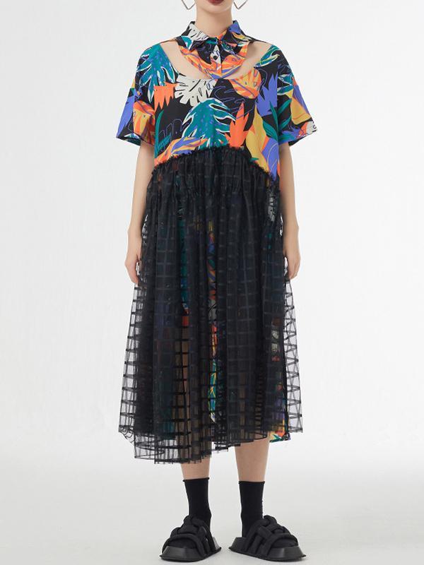 A-Line Loose Buttoned Hollow Mesh Printed Split-Joint Lapel Midi Dresses Product Image
