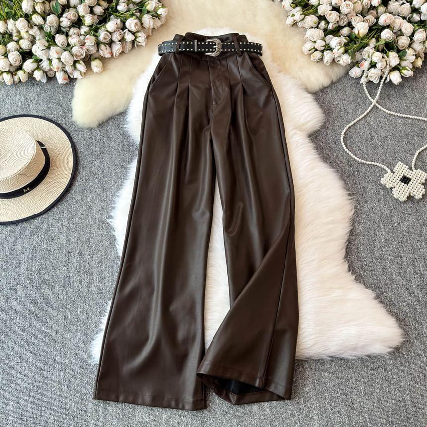 High Waist Faux Leather Wide Leg Pants Product Image
