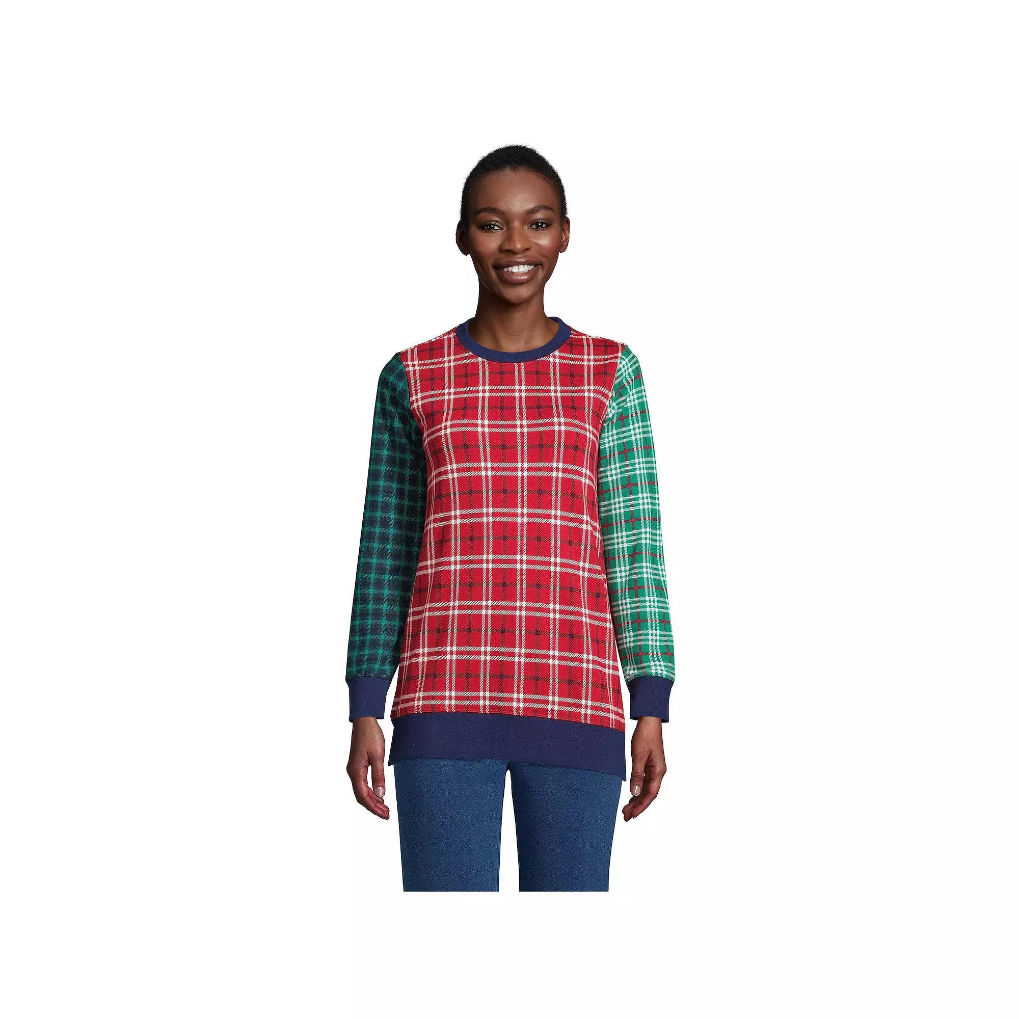 Petite Lands' End Serious Sweats Crewneck Sweatshirt Tunic, Women's, Size: Small Petite, Red Plaid Print Product Image