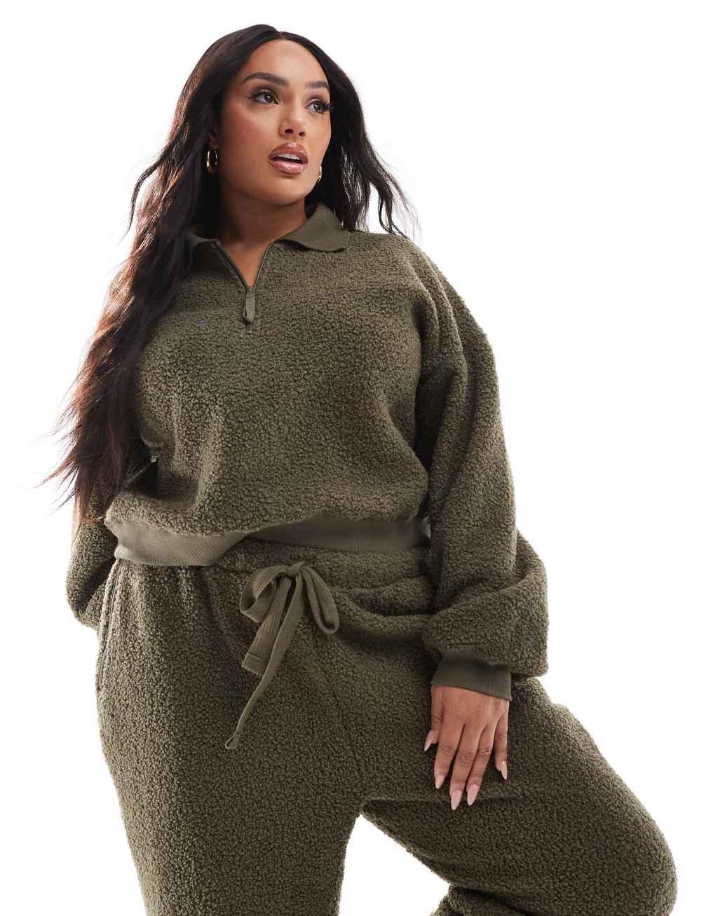 ASOS DESIGN Curve lounge teddy zip collar sweatshirt & tapered pants set in khaki Product Image