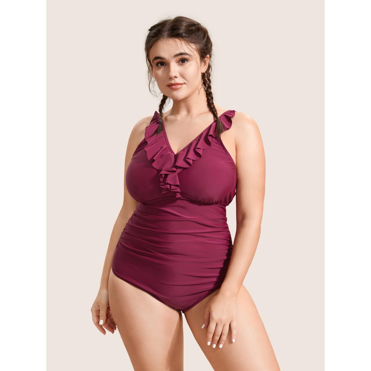 Plus Size Plain Ruffle Trim Gathered Sleeveless One Piece Swimsuit Women's Swimwear RedViolet Beach Gathered Curve Bathing Suits High stretch One Pieces BloomChic 18-20/2X Product Image