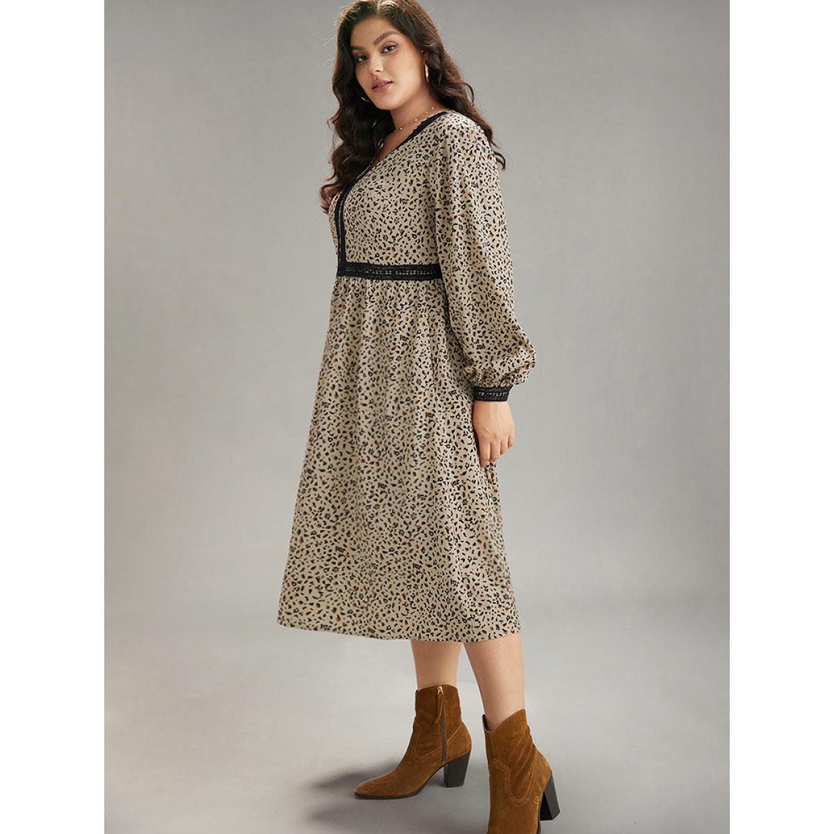 Plus Size Leopard Pocket Guipure Lace Lantern Sleeve Dress Stone Women Vacation Elastic cuffs V-neck Long Sleeve Curvy Midi Dress BloomChic 28/5X Product Image