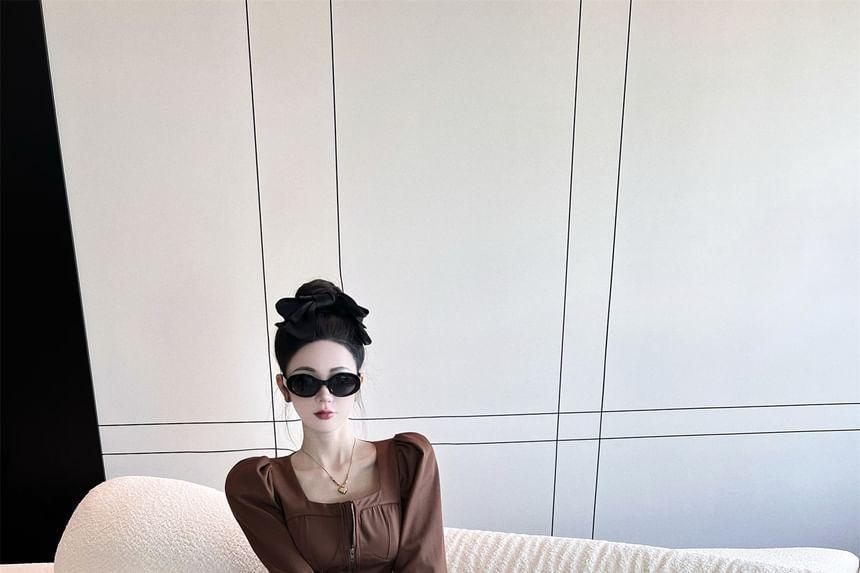 Long-Sleeve Square Neck Zip-Up Plain Mini A-Line Dress Product Image