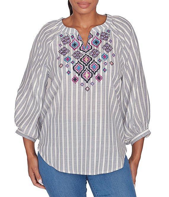 Ruby Rd. Embroidered Front Detail Yarn-Dyed Stripe Woven Notch Neck 3/4 Balloon Sleeve Blouse Product Image