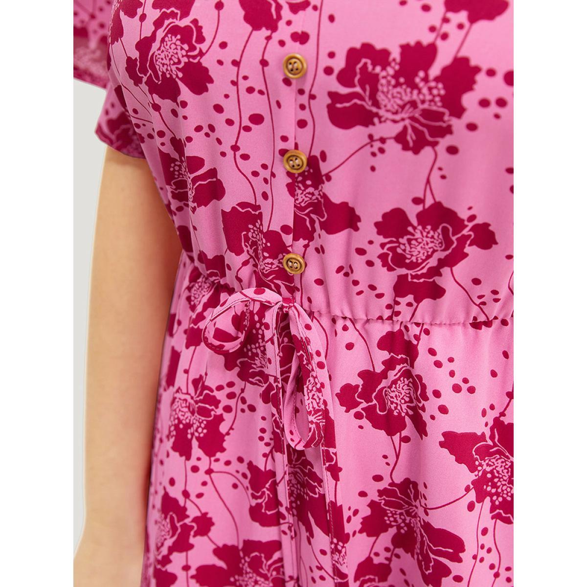 Plus Size Floral Button Detail Pocket Knotted Ruffle Hem Dress Pink Women Elegant Button V-neck Short sleeve Curvy Midi Dress BloomChic 12/L Product Image