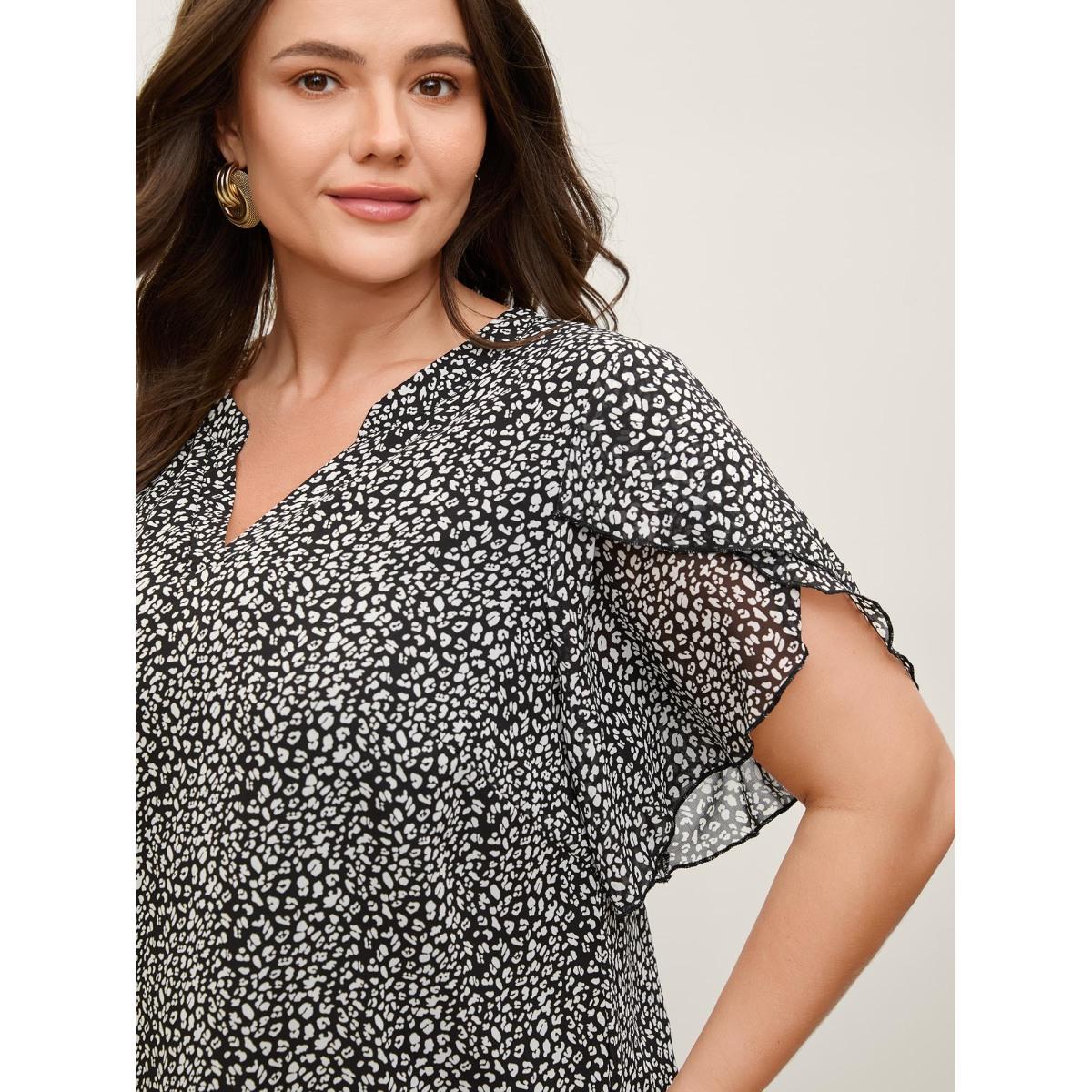Plus Size Black Leopard Print Petal Layered Sleeve Blouse Women Short sleeve Notched collar Work Blouses BloomChic 22-24/3X Product Image