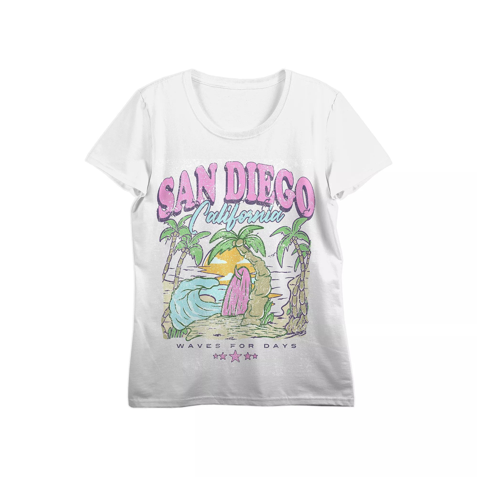 Juniors' San Diego Distressed Beach Graphic Tee, Women's, Size: XS, White Product Image