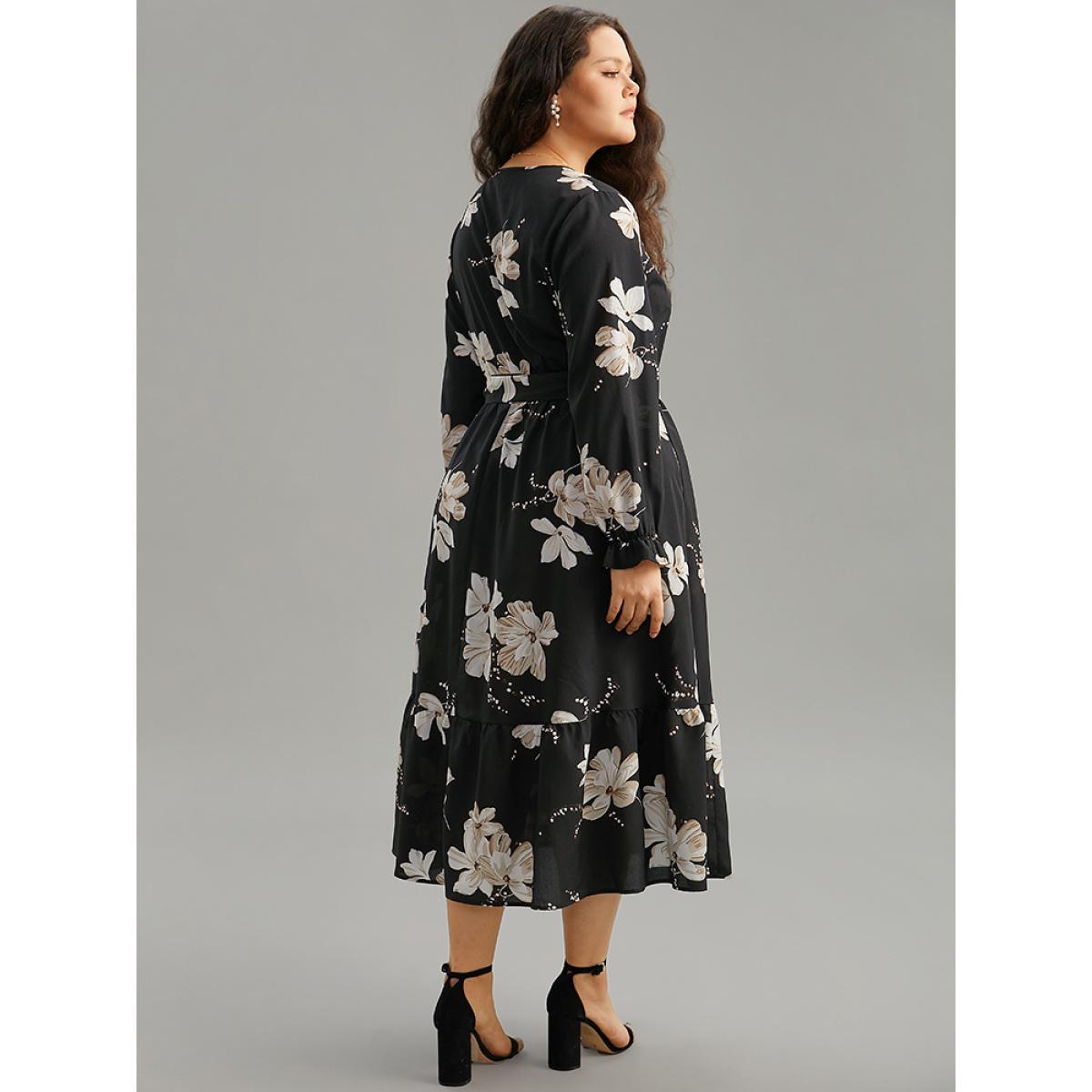 Plus Size Floral Print Flutter Sleeve Belted Surplice Neck Dress Black Women Elegant Wrap Overlap Collar Long Sleeve Curvy Midi Dress BloomChic 26/4X Product Image