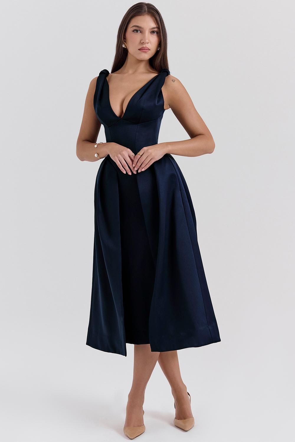 Paloma Midnight Twist Strap Satin Midi Dress Product Image