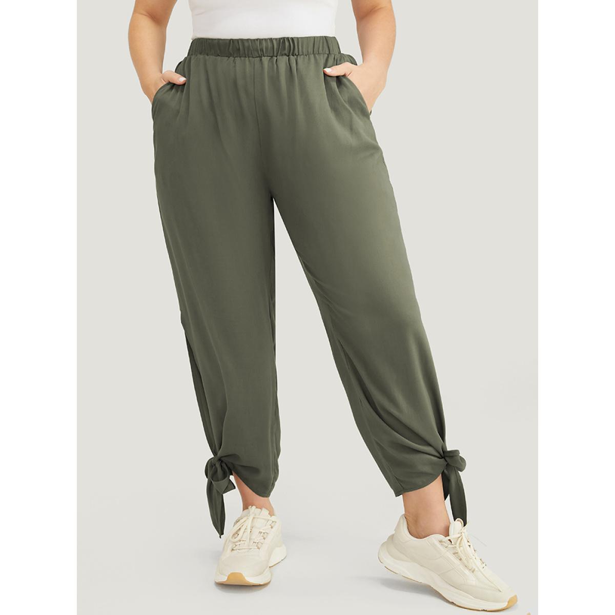 Plus Size Solid Knotted Split Hem Pocket Pants Women Sage Casual Loose High Rise Dailywear Pants BloomChic 30/6X Product Image