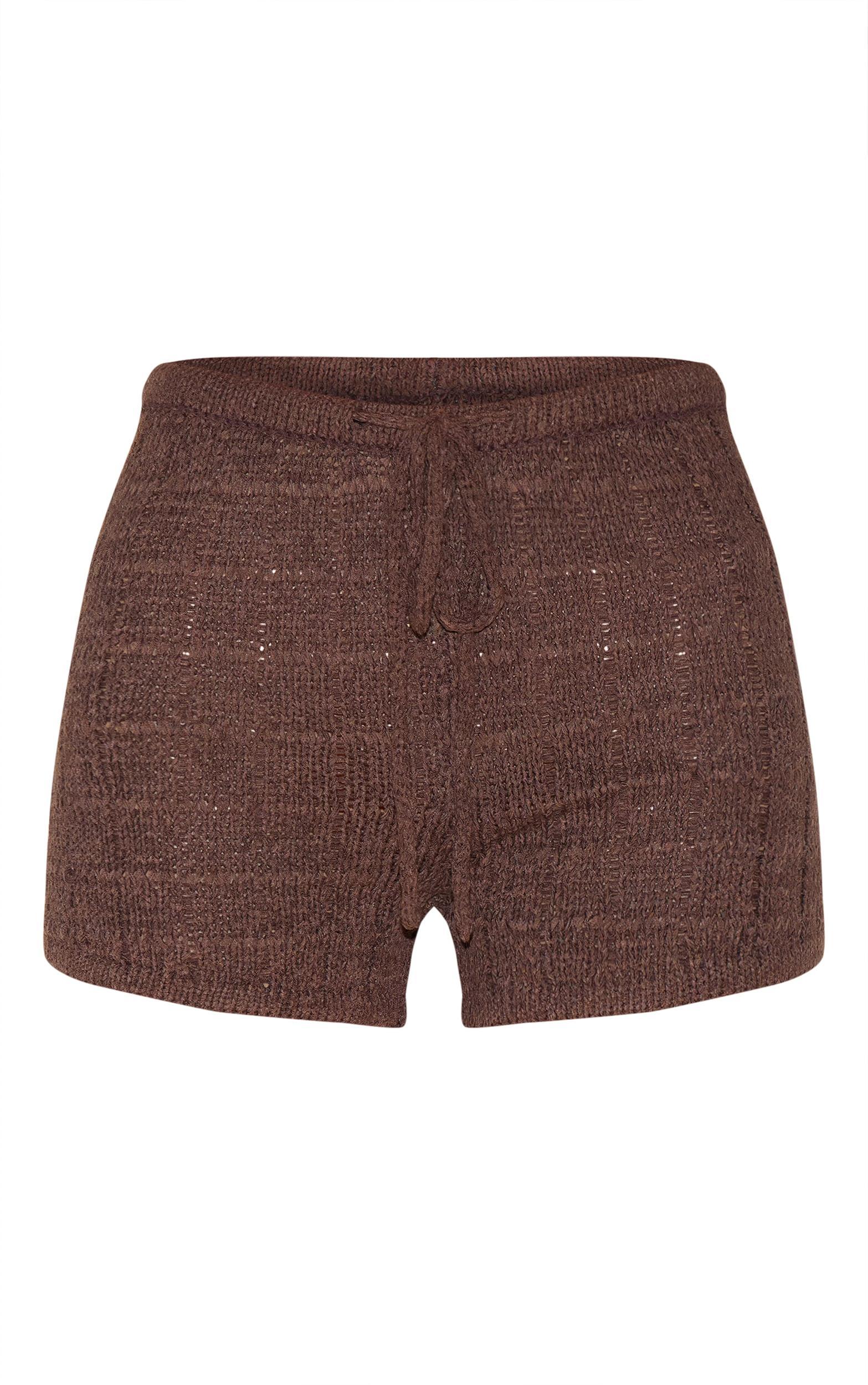Chocolate Textured Filigree Knit Mini Shorts Product Image