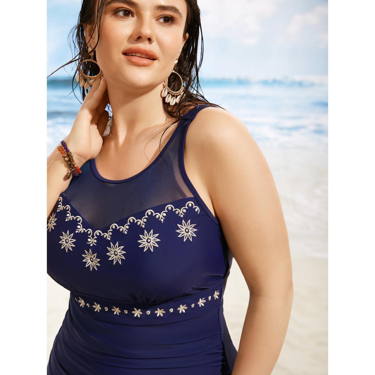 Plus Size Floral Embroidered Mesh Patchwork Ruched One Piece Swimsuit Women's Swimwear Indigo Beach Gathered Curve Bathing Suits High stretch One Pieces BloomChic 30/6X Product Image