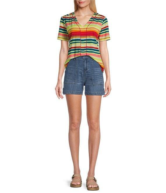 Westbound Petite Size Shimmering Stripe Short Sleeve V-Neck Top Product Image